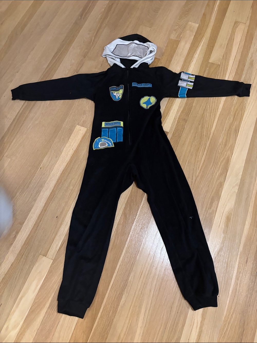 Cat & Jack Black Kids One-Piece Hooded Pajamas with Blue and Yellow Patches